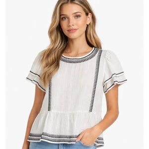 Loft Blouse Embroidered Flutter-Ruffle Cap-Sleeve Cream Black Cottagecore Boho L